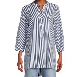 Harshman Derrington Tunic Top Women's Large Blue White Striped Cotton Poplin